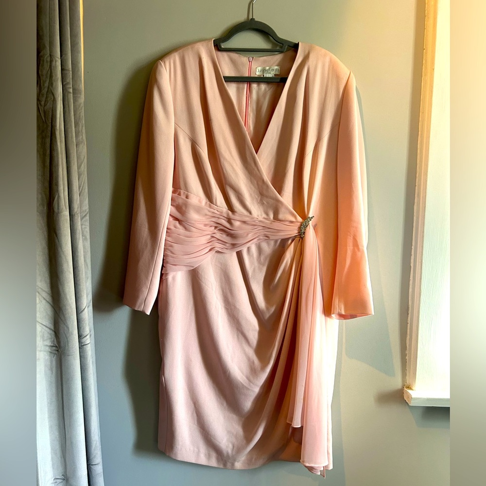 Retro Flapper Faux Wrap Dress w sash and rhinestone detail, EUC
